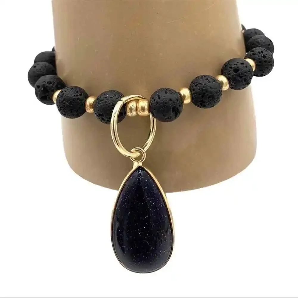 Blue stone gemstone charm. Lava bead diffuser bracelet. - Picture 2 of 4